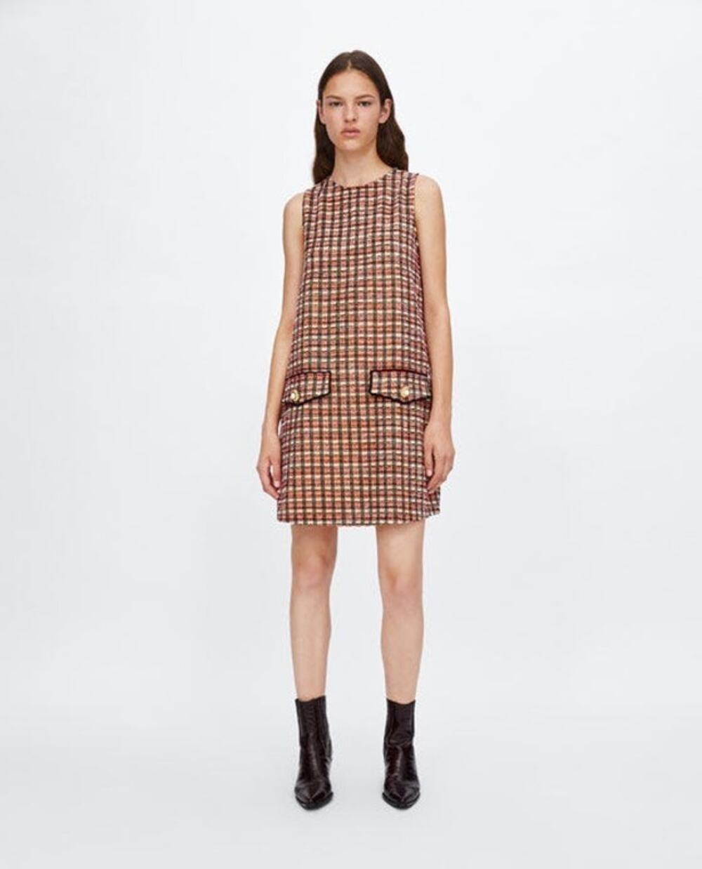 ✨2/$30✨ Zara Tweed Shift Dress Large Sleeveless Pearl Button Pocket Academia